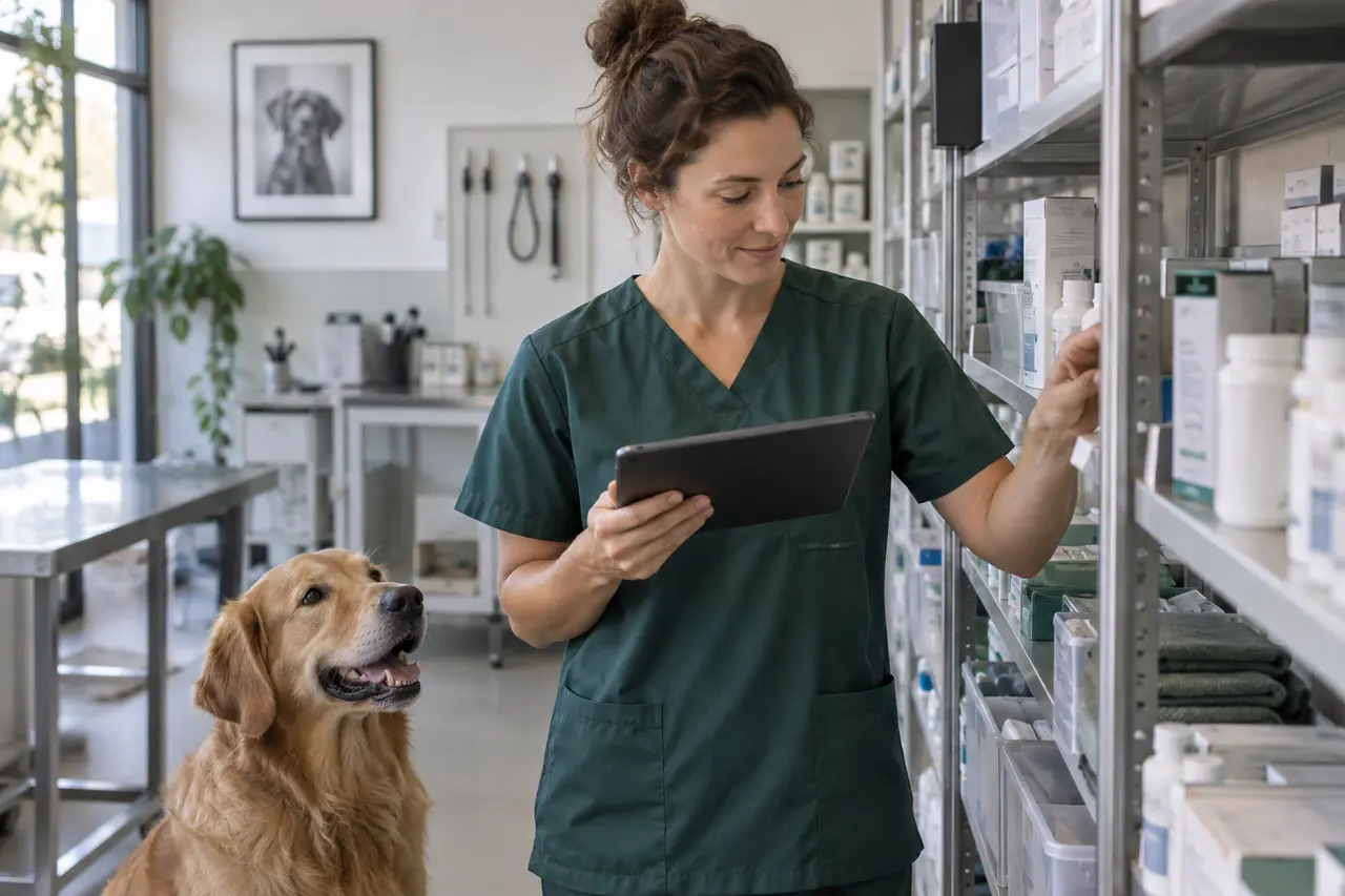Medic veterinar care verifică produsele cabinetului pe o tabletă, alături de un câine